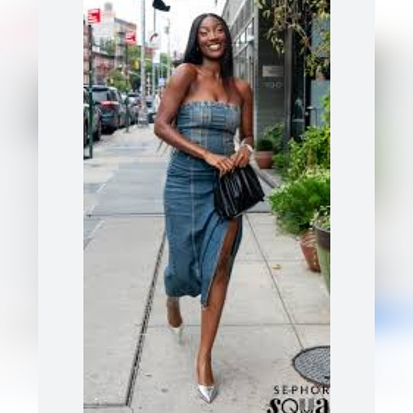 Zara  denim * strapless midi dress slit size XS - Picture 8 of 12